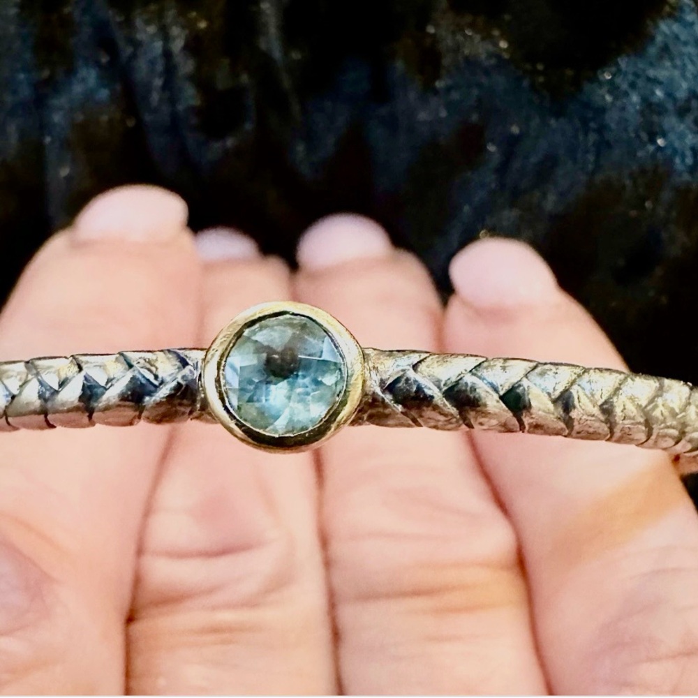 T & C aquamarine “woven” style bangle in 14kt gold and Sterling